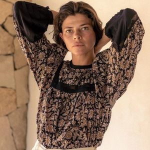 Anthropologie Cleobella Rafia Lace Floral Puff Sleeve Peasant Boho Blouse